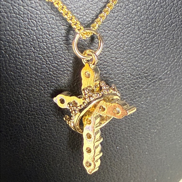 14K Gold Plated Crown Cross CZ Necklace 16in Stainless Steel - Picture 4 of 4